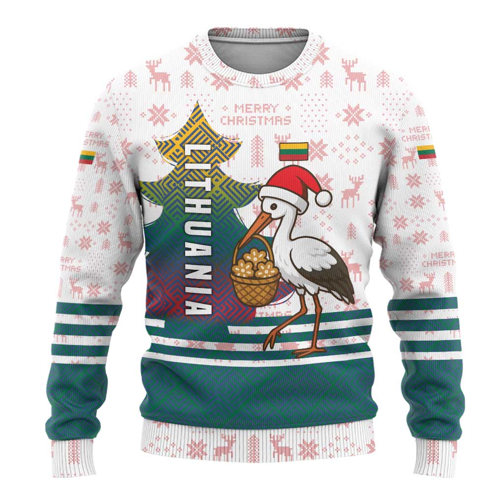 Lithuania Christmas Ugly Christmas Sweater with Stork Basket Snowflakes and Traditional Pattern Design - Wonder Print Shop