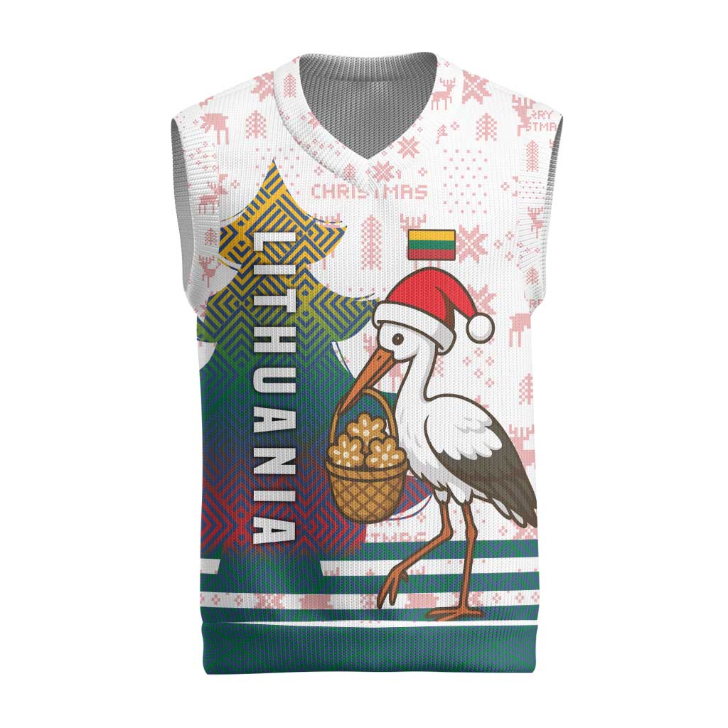 Lithuania Christmas Knitted V-Neck Vest with Stork Basket Snowflakes and Traditional Pattern Design - Wonder Print Shop