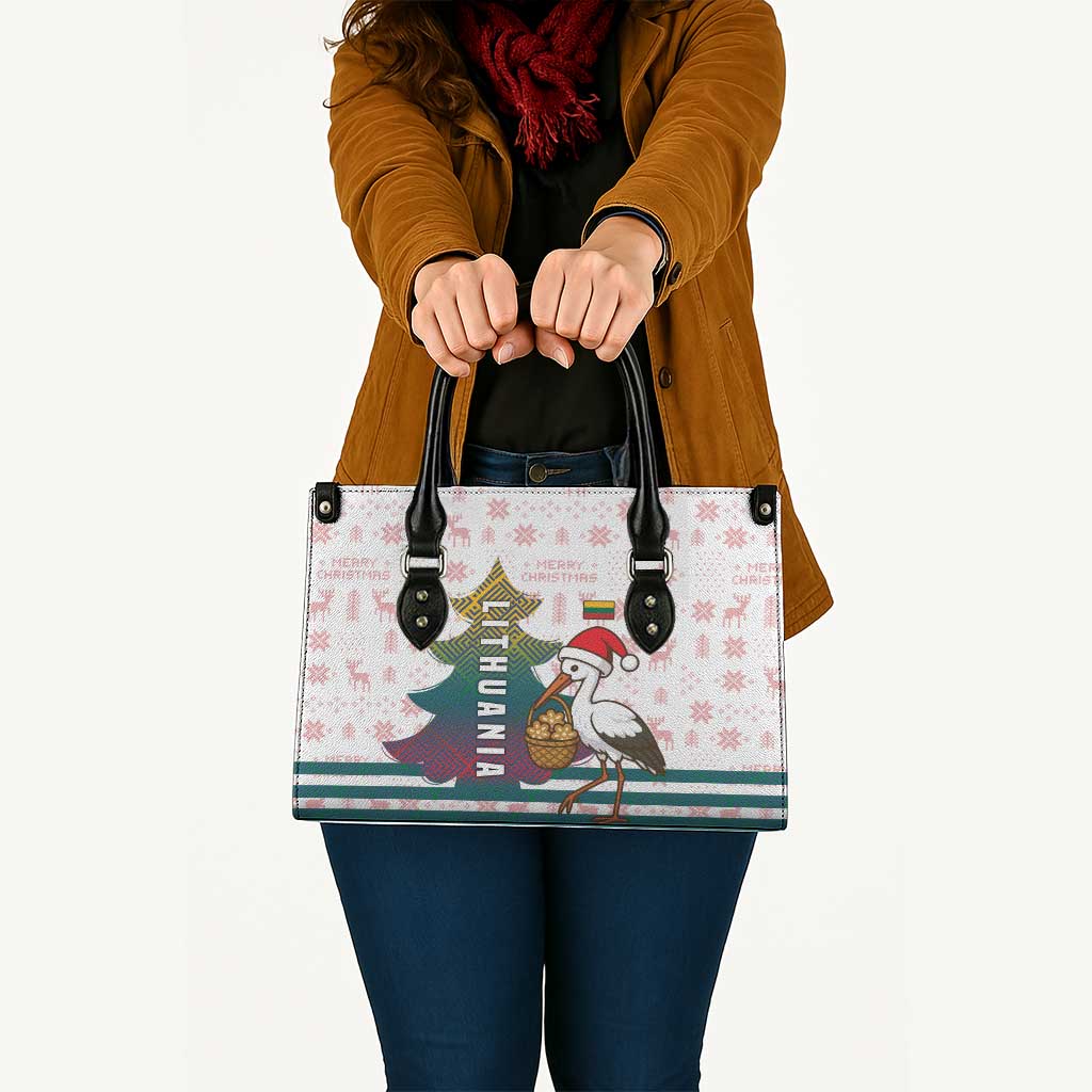 Lithuania Christmas Leather Bag with Stork Basket Snowflakes and Traditional Pattern Design - Wonder Print Shop