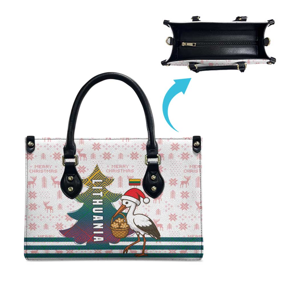 Lithuania Christmas Leather Bag with Stork Basket Snowflakes and Traditional Pattern Design - Wonder Print Shop