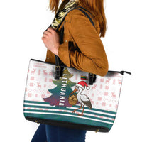Lithuania Christmas Leather Tote Bag with Stork Basket Snowflakes and Traditional Pattern Design - Wonder Print Shop
