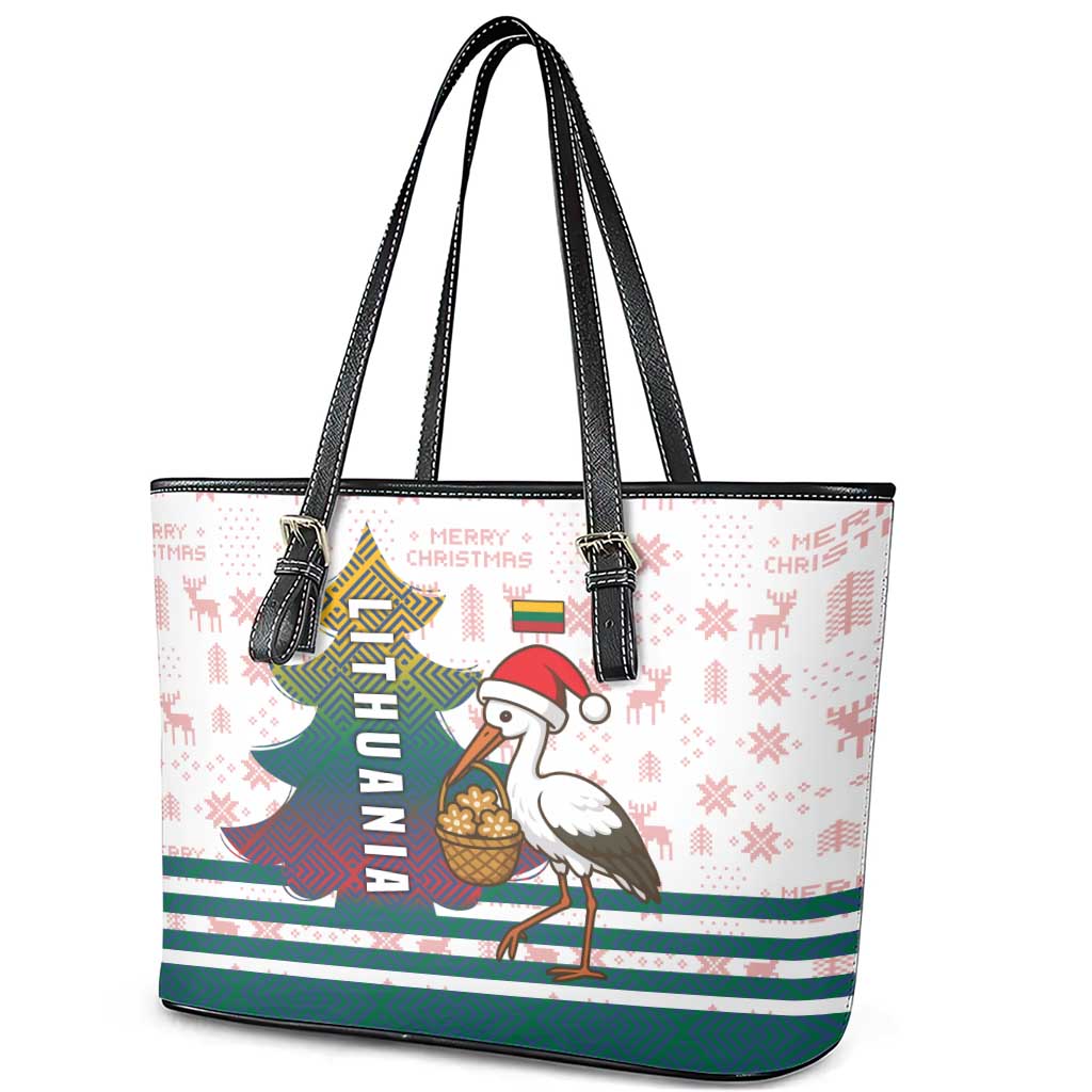 Lithuania Christmas Leather Tote Bag with Stork Basket Snowflakes and Traditional Pattern Design - Wonder Print Shop