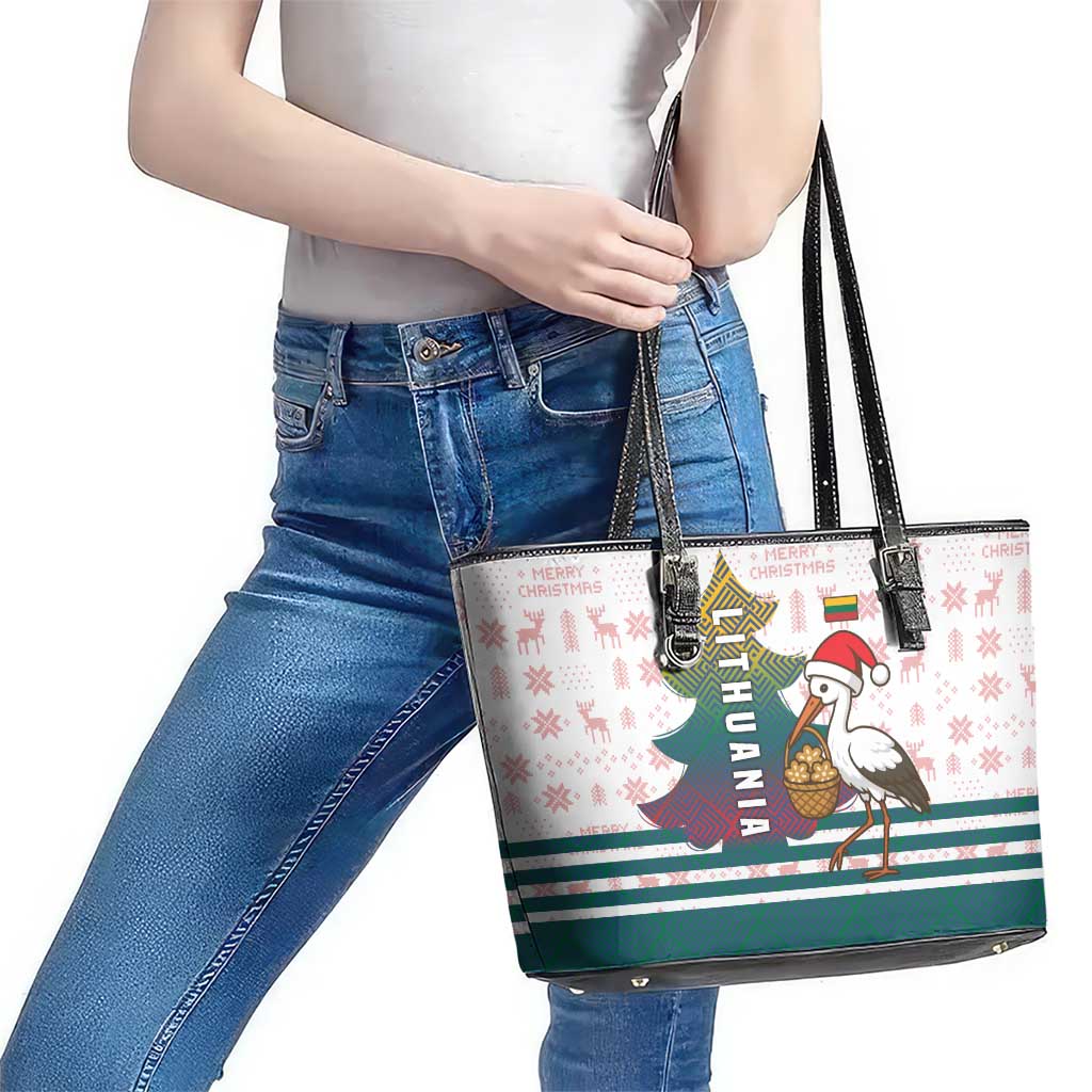 Lithuania Christmas Leather Tote Bag with Stork Basket Snowflakes and Traditional Pattern Design - Wonder Print Shop