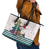 Lithuania Christmas Leather Tote Bag with Stork Basket Snowflakes and Traditional Pattern Design - Wonder Print Shop