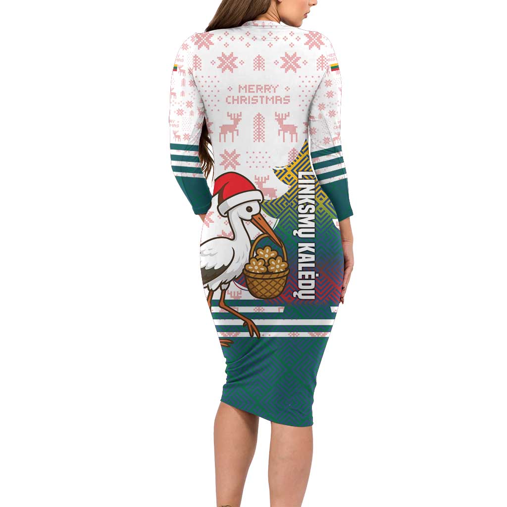 Lithuania Christmas Long Sleeve Bodycon Dress with Stork Basket Snowflakes and Traditional Pattern Design - Wonder Print Shop