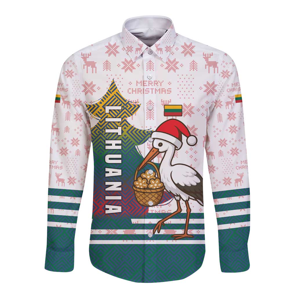 Lithuania Christmas Long Sleeve Button Shirt with Stork Basket Snowflakes and Traditional Pattern Design - Wonder Print Shop