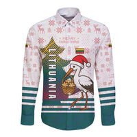 Lithuania Christmas Long Sleeve Button Shirt with Stork Basket Snowflakes and Traditional Pattern Design - Wonder Print Shop