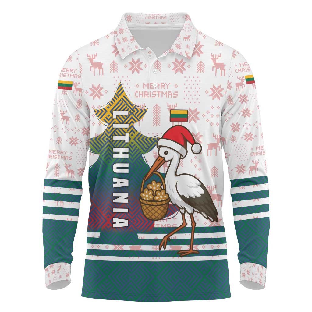Lithuania Christmas Long Sleeve Polo Shirt with Stork Basket Snowflakes and Traditional Pattern Design - Wonder Print Shop