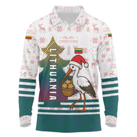 Lithuania Christmas Long Sleeve Polo Shirt with Stork Basket Snowflakes and Traditional Pattern Design - Wonder Print Shop