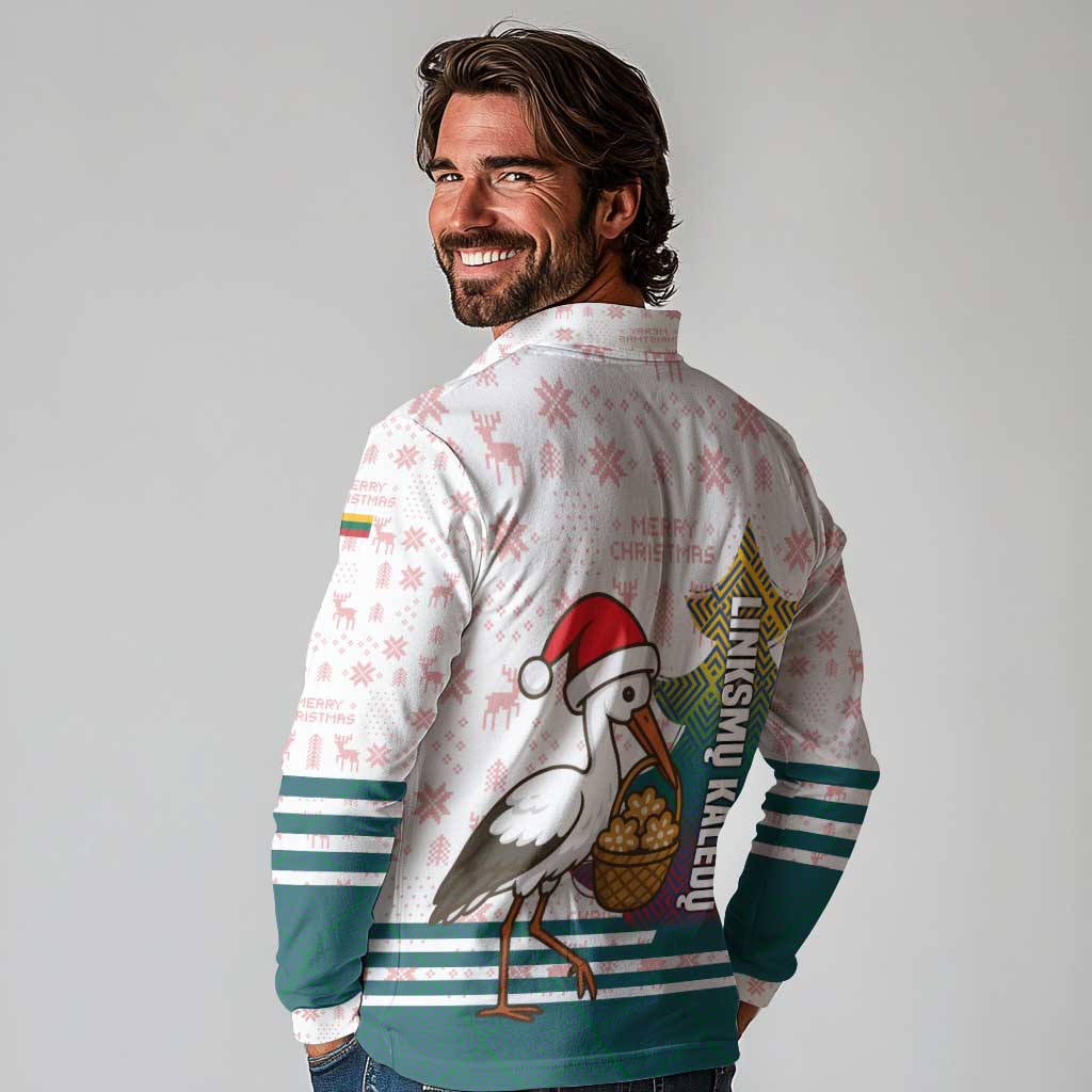 Lithuania Christmas Long Sleeve Polo Shirt with Stork Basket Snowflakes and Traditional Pattern Design - Wonder Print Shop