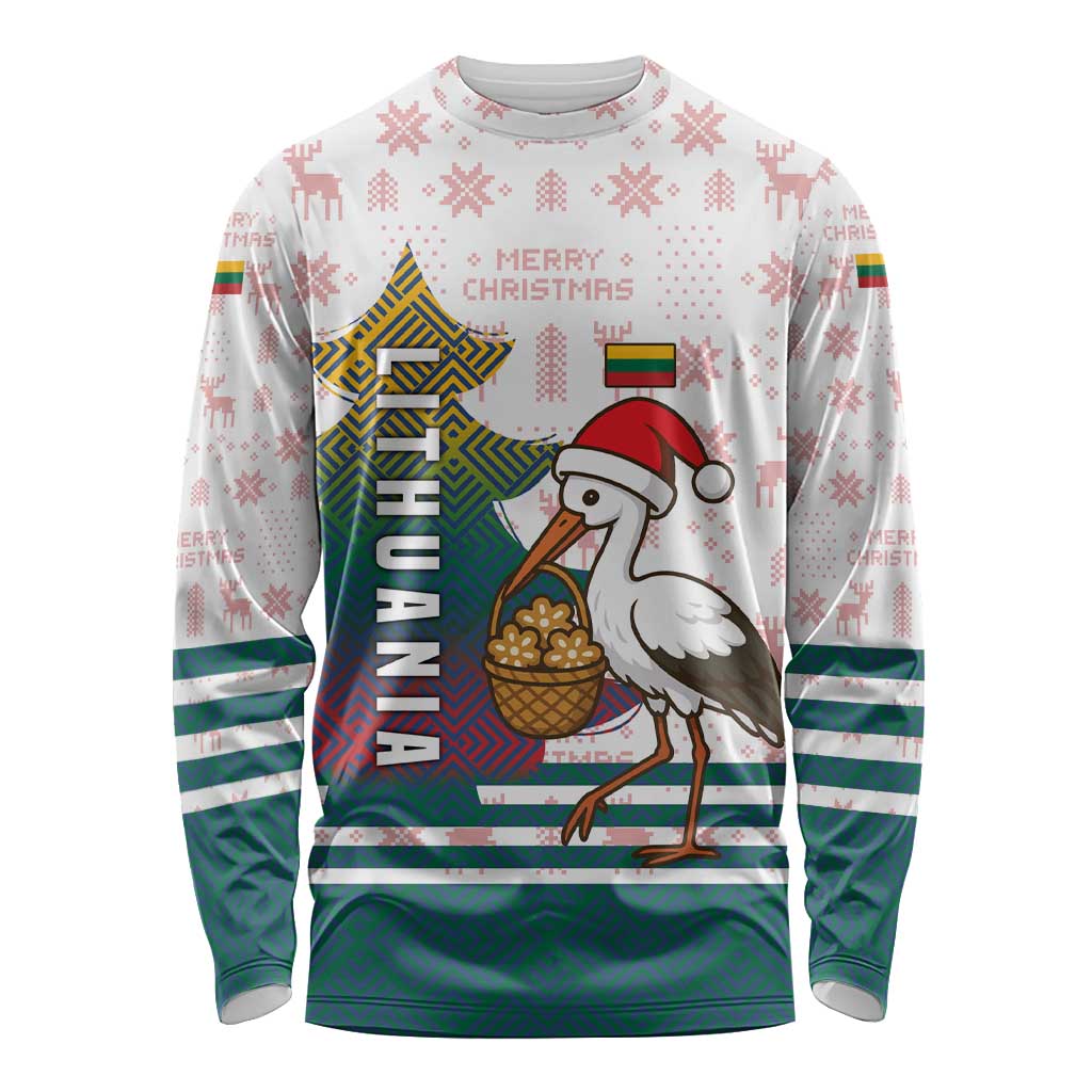 Lithuania Christmas Long Sleeve Shirt with Stork Basket Snowflakes and Traditional Pattern Design - Wonder Print Shop
