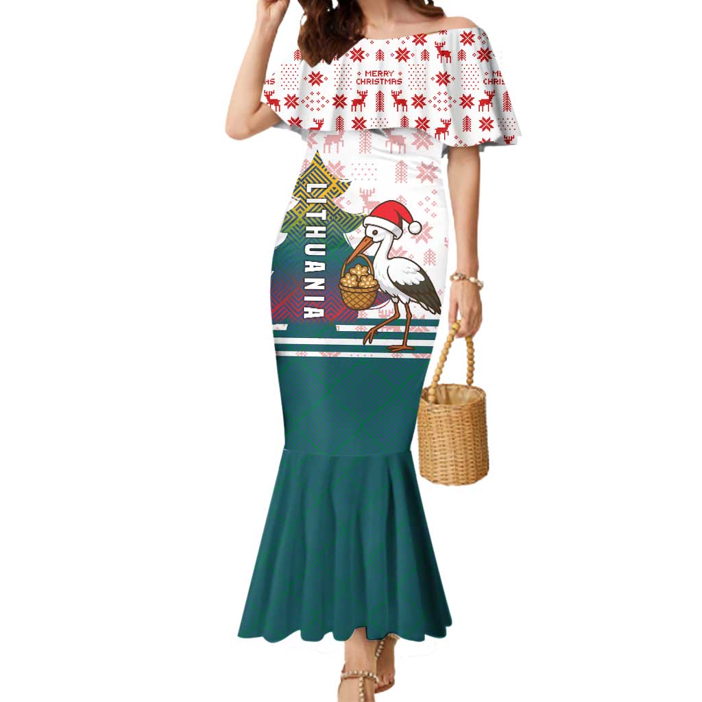 Lithuania Christmas Mermaid Dress with Stork Basket Snowflakes and Traditional Pattern Design - Wonder Print Shop