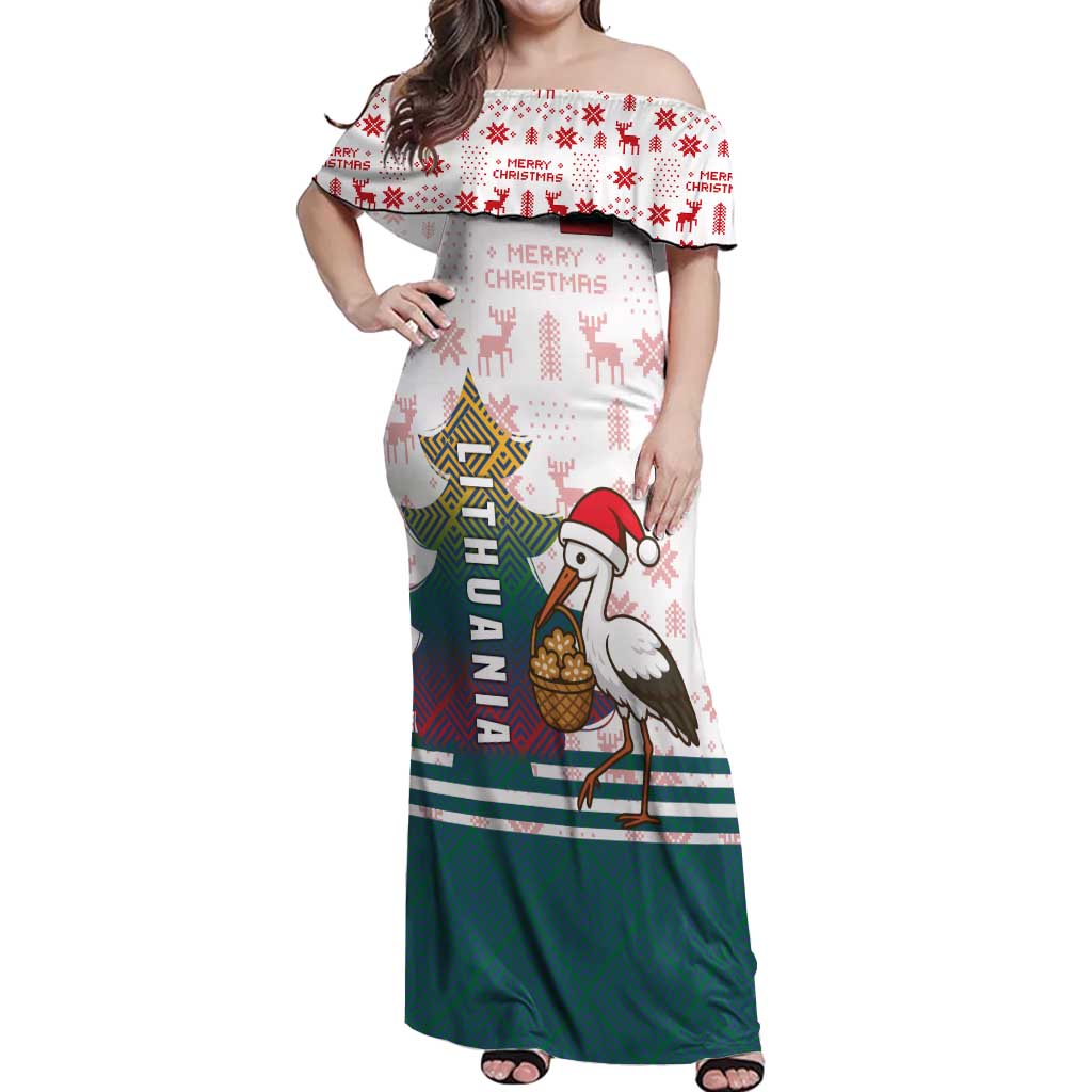 Lithuania Christmas Off Shoulder Maxi Dress with Stork Basket Snowflakes and Traditional Pattern Design - Wonder Print Shop