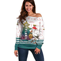 Lithuania Christmas Off Shoulder Sweater with Stork Basket Snowflakes and Traditional Pattern Design - Wonder Print Shop