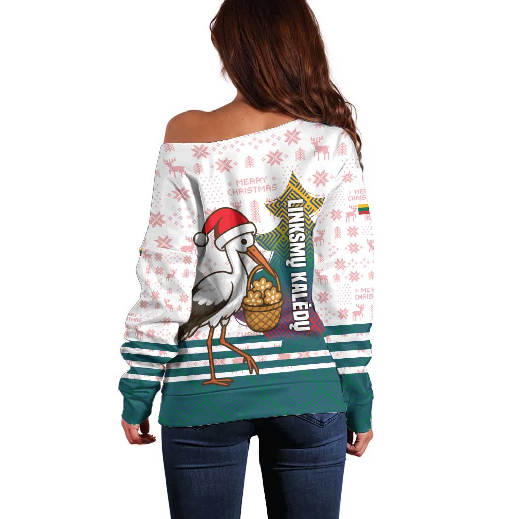 Lithuania Christmas Off Shoulder Sweater with Stork Basket Snowflakes and Traditional Pattern Design - Wonder Print Shop