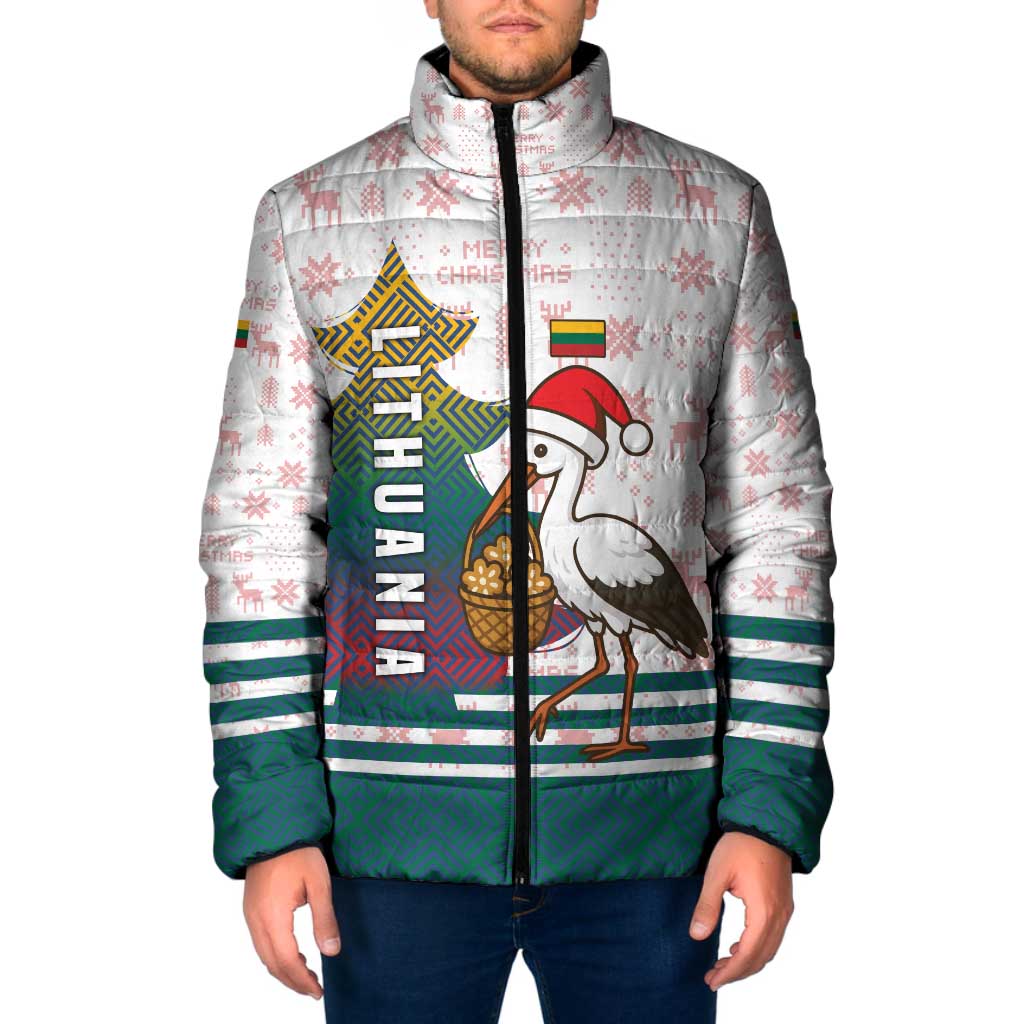 Lithuania Christmas Padded Jacket with Stork Basket Snowflakes and Traditional Pattern Design - Wonder Print Shop
