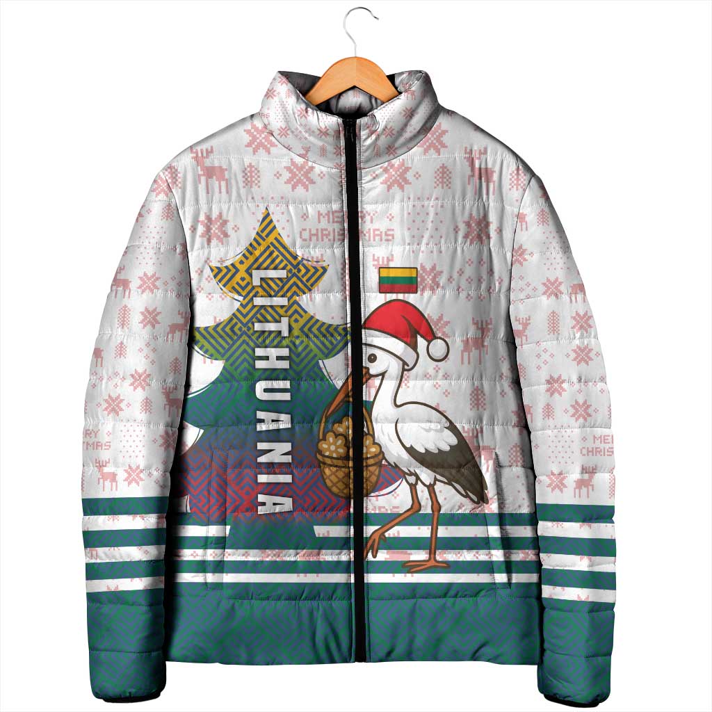 Lithuania Christmas Padded Jacket with Stork Basket Snowflakes and Traditional Pattern Design - Wonder Print Shop