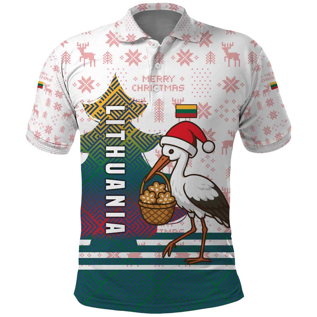 Lithuania Christmas Polo Shirt with Stork Basket Snowflakes and Traditional Pattern Design - Wonder Print Shop