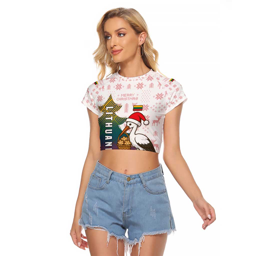 Lithuania Christmas Raglan Cropped T Shirt with Stork Basket Snowflakes and Traditional Pattern Design - Wonder Print Shop