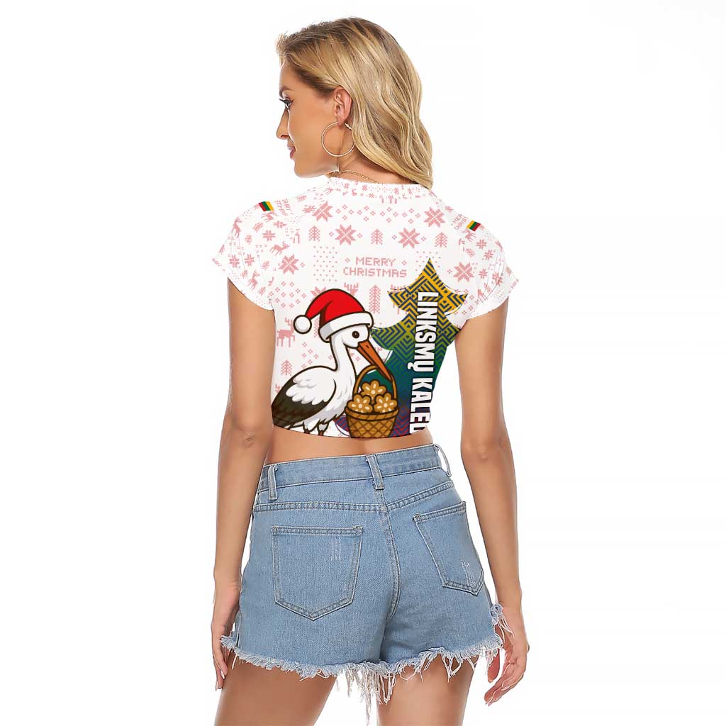 Lithuania Christmas Raglan Cropped T Shirt with Stork Basket Snowflakes and Traditional Pattern Design - Wonder Print Shop