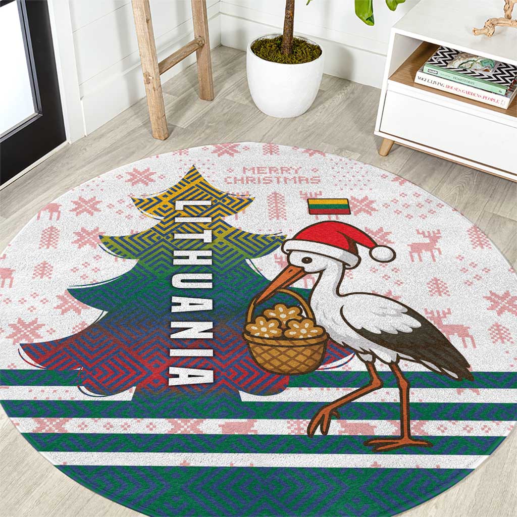 Lithuania Christmas Round Carpet with Stork Basket Snowflakes and Traditional Pattern Design - Wonder Print Shop