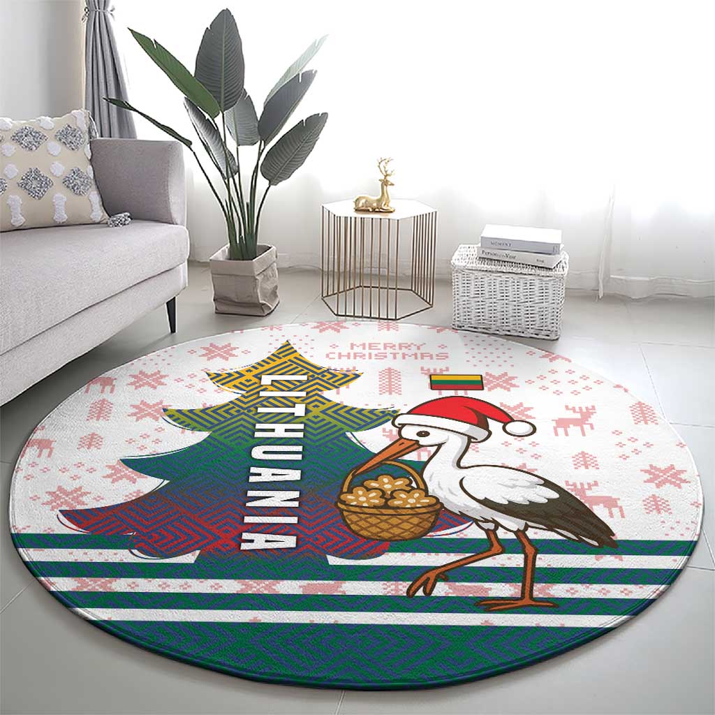 Lithuania Christmas Round Carpet with Stork Basket Snowflakes and Traditional Pattern Design - Wonder Print Shop