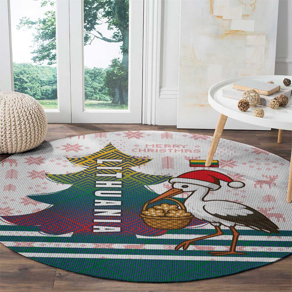 Lithuania Christmas Round Carpet with Stork Basket Snowflakes and Traditional Pattern Design - Wonder Print Shop