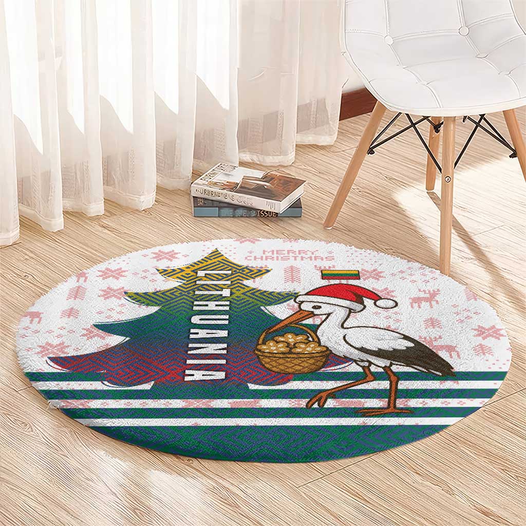 Lithuania Christmas Round Carpet with Stork Basket Snowflakes and Traditional Pattern Design - Wonder Print Shop