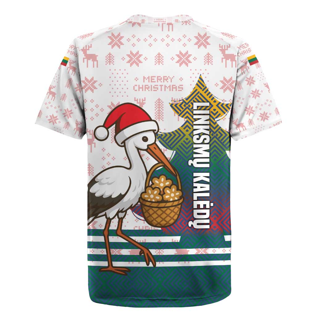 Lithuania Christmas Rugby Jersey with Stork Basket Snowflakes and Traditional Pattern Design - Wonder Print Shop