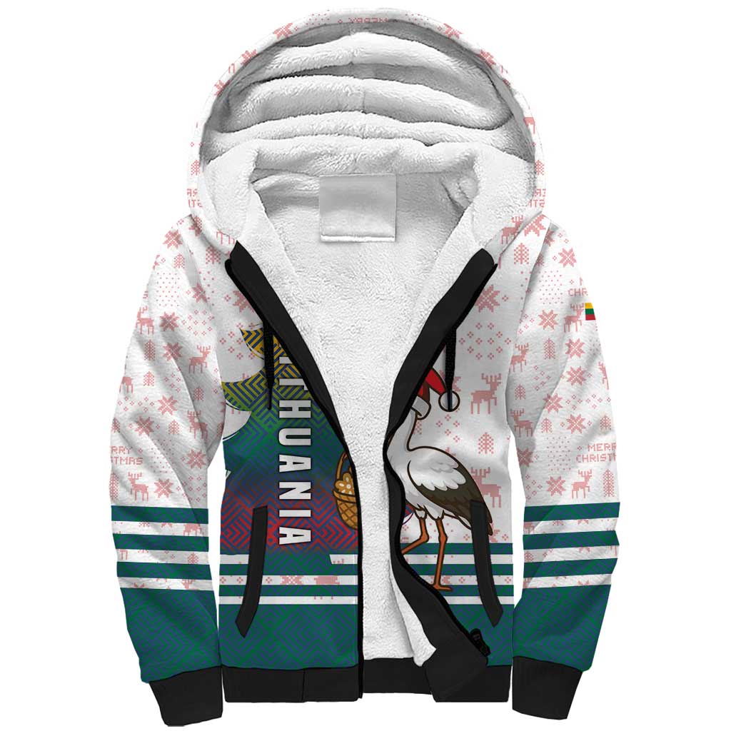 Lithuania Christmas Sherpa Hoodie with Stork Basket Snowflakes and Traditional Pattern Design - Wonder Print Shop