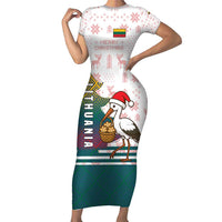 Lithuania Christmas Short Sleeve Bodycon Dress with Stork Basket Snowflakes and Traditional Pattern Design - Wonder Print Shop