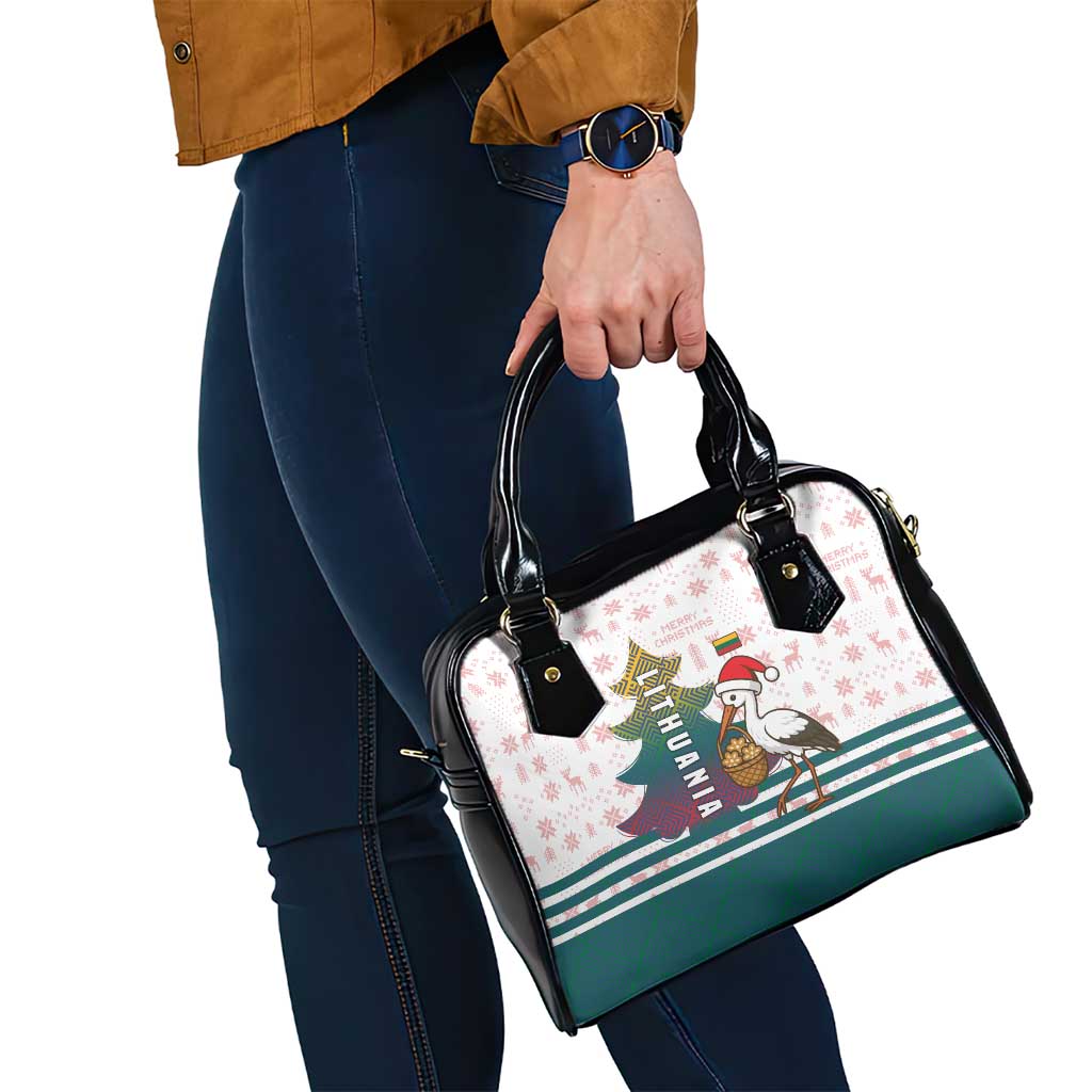 Lithuania Christmas Shoulder Handbag with Stork Basket Snowflakes and Traditional Pattern Design - Wonder Print Shop