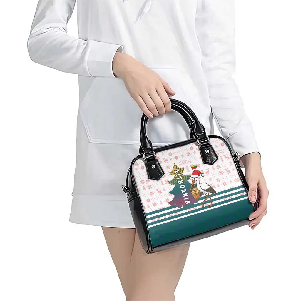 Lithuania Christmas Shoulder Handbag with Stork Basket Snowflakes and Traditional Pattern Design - Wonder Print Shop