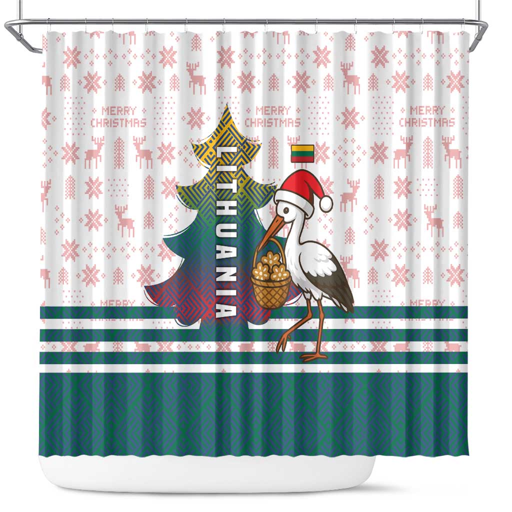 Lithuania Christmas Shower Curtain with Stork Basket Snowflakes and Traditional Pattern Design - Wonder Print Shop