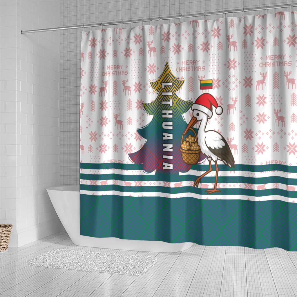 Lithuania Christmas Shower Curtain with Stork Basket Snowflakes and Traditional Pattern Design - Wonder Print Shop
