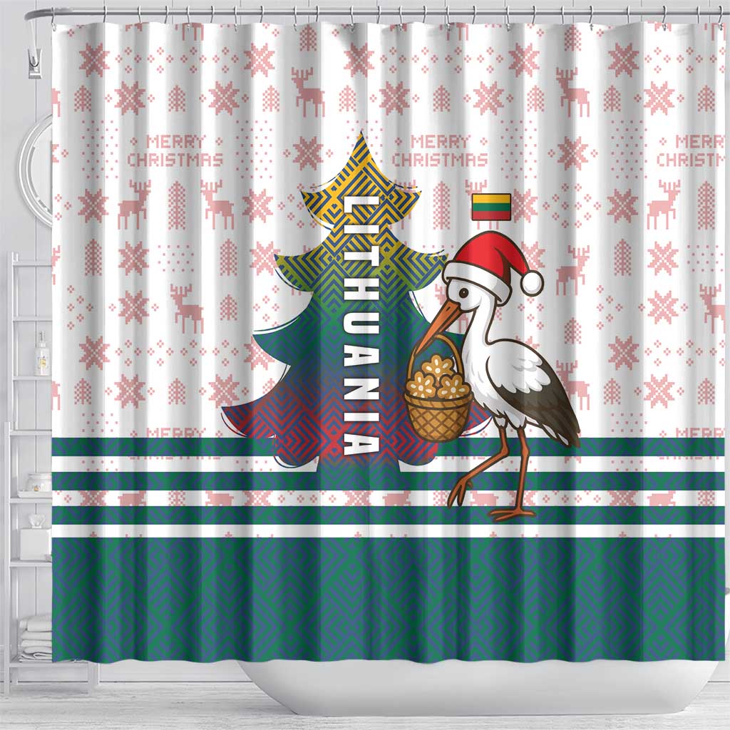 Lithuania Christmas Shower Curtain with Stork Basket Snowflakes and Traditional Pattern Design - Wonder Print Shop