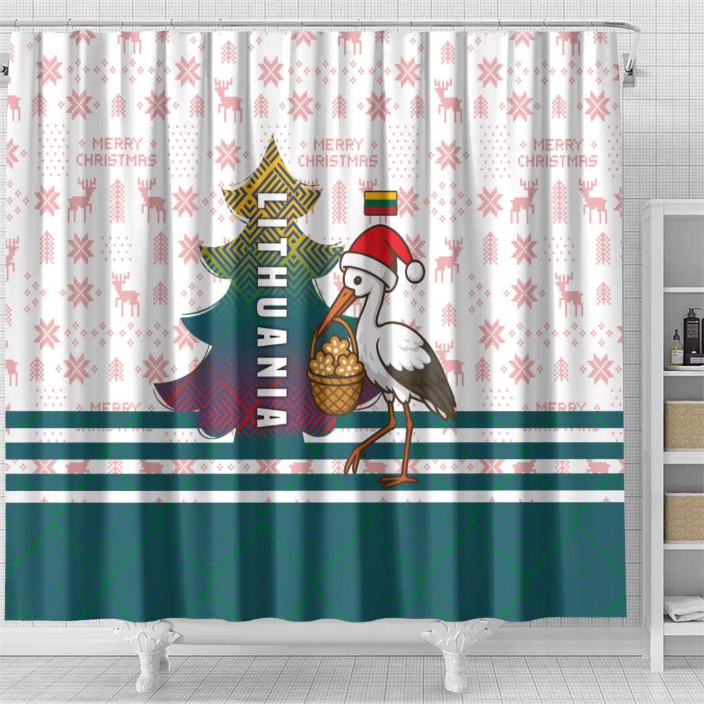 Lithuania Christmas Shower Curtain with Stork Basket Snowflakes and Traditional Pattern Design - Wonder Print Shop