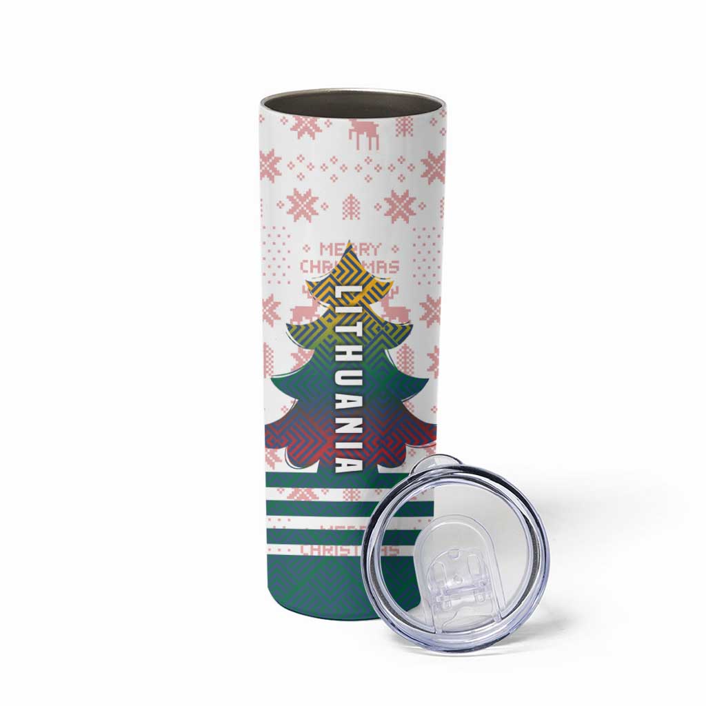 Lithuania Christmas Skinny Tumbler with Stork Basket Snowflakes and Traditional Pattern Design - Wonder Print Shop