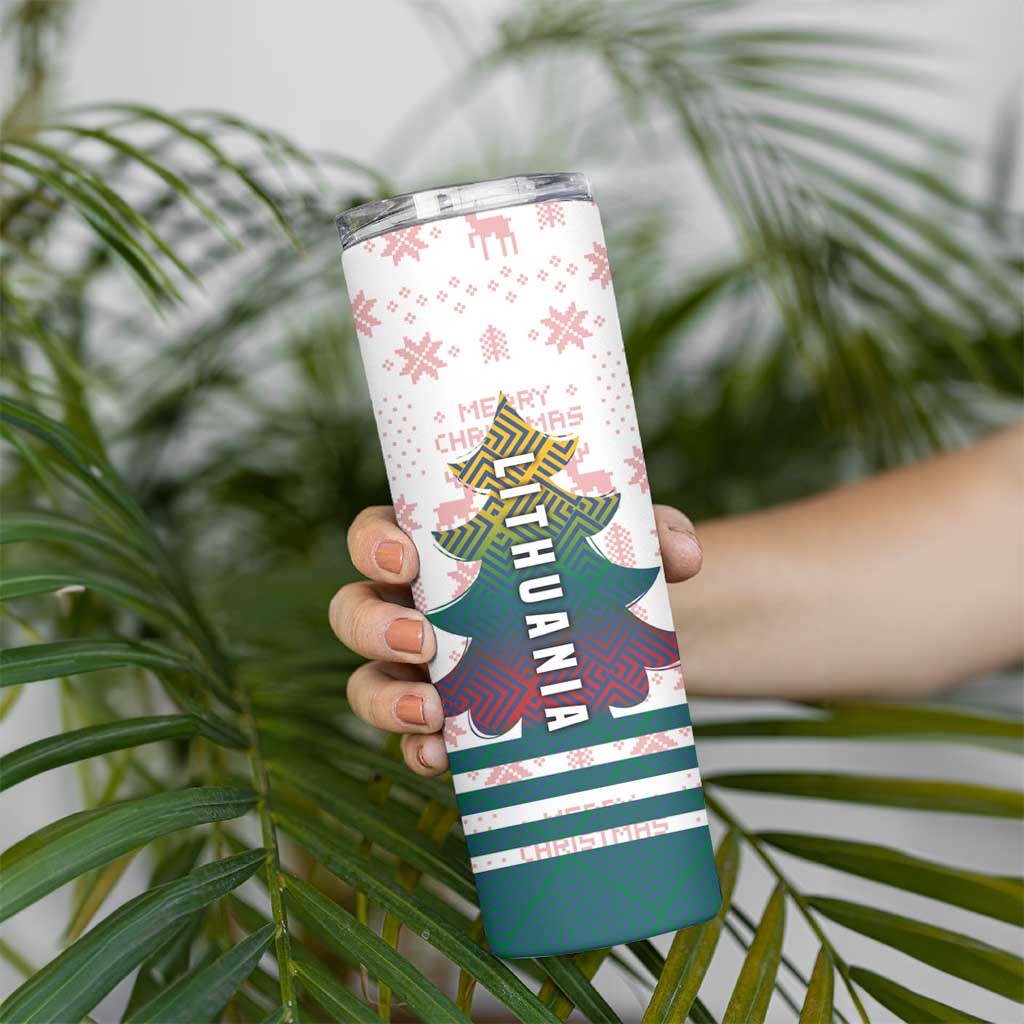 Lithuania Christmas Skinny Tumbler with Stork Basket Snowflakes and Traditional Pattern Design - Wonder Print Shop