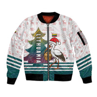 Lithuania Christmas Sleeve Zip Bomber Jacket with Stork Basket Snowflakes and Traditional Pattern Design - Wonder Print Shop