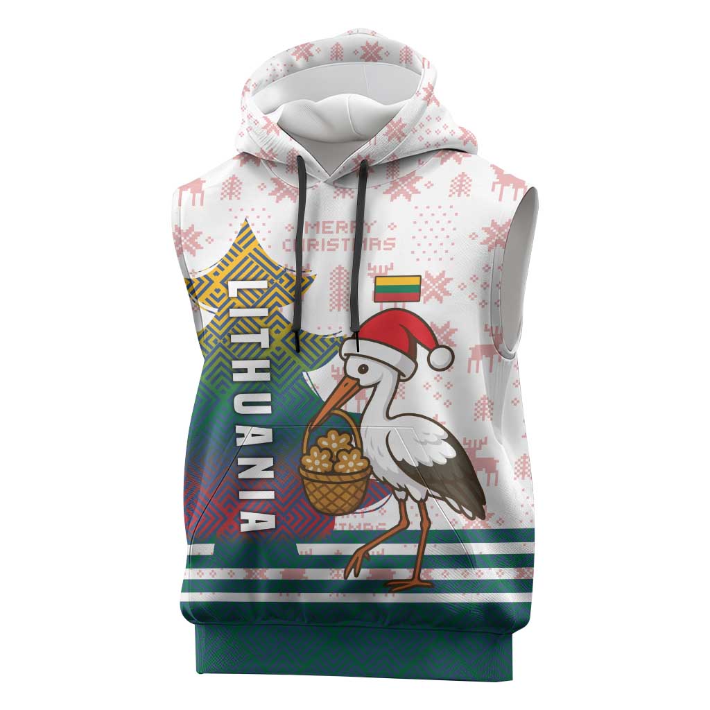 Lithuania Christmas Sleeveless Hoodie with Stork Basket Snowflakes and Traditional Pattern Design - Wonder Print Shop