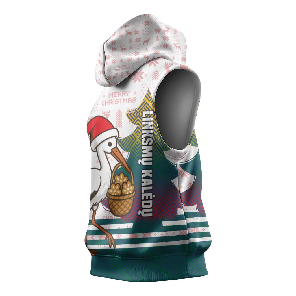 Lithuania Christmas Sleeveless Hoodie with Stork Basket Snowflakes and Traditional Pattern Design - Wonder Print Shop