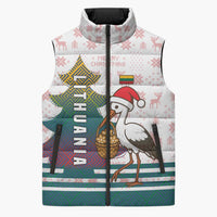 Lithuania Christmas Sleeveless Puffer Jacket with Stork Basket Snowflakes and Traditional Pattern Design - Wonder Print Shop