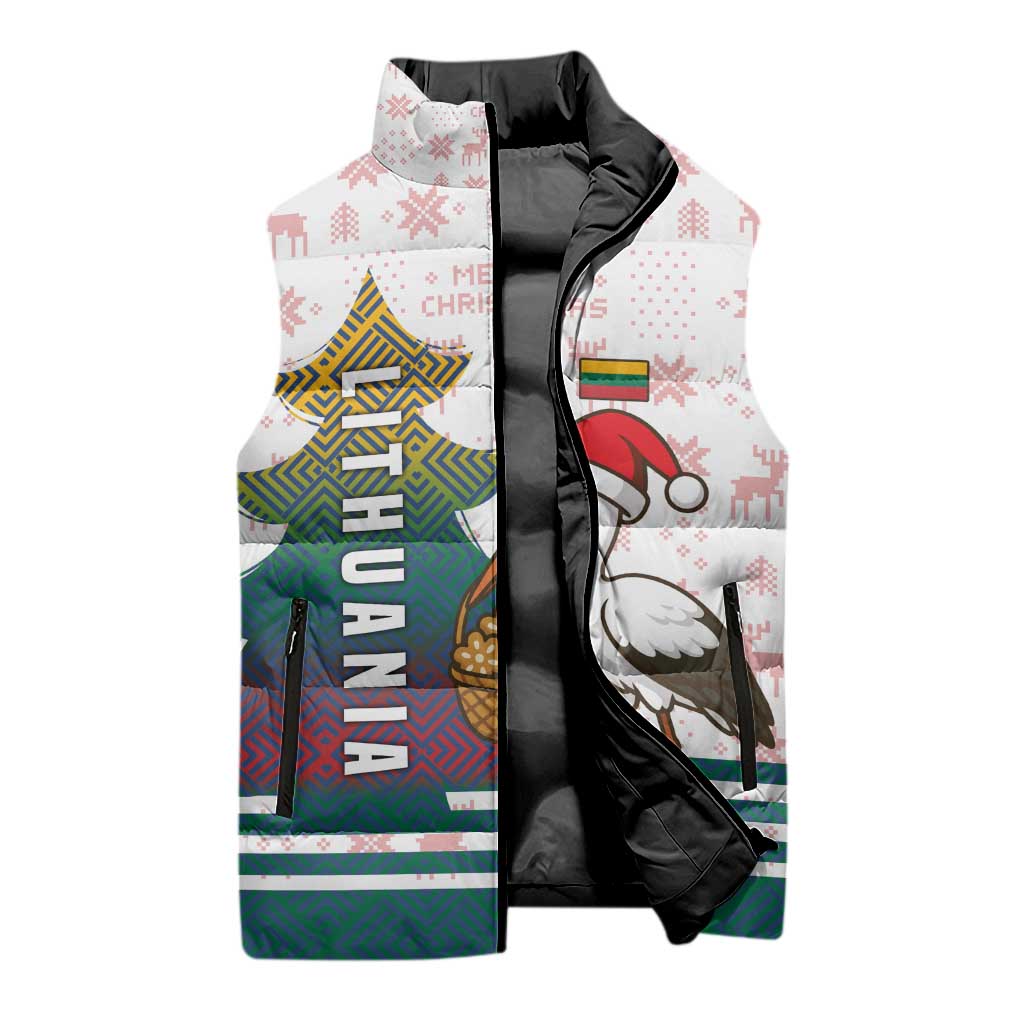 Lithuania Christmas Sleeveless Puffer Jacket with Stork Basket Snowflakes and Traditional Pattern Design - Wonder Print Shop