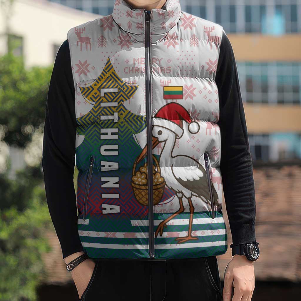 Lithuania Christmas Sleeveless Puffer Jacket with Stork Basket Snowflakes and Traditional Pattern Design - Wonder Print Shop