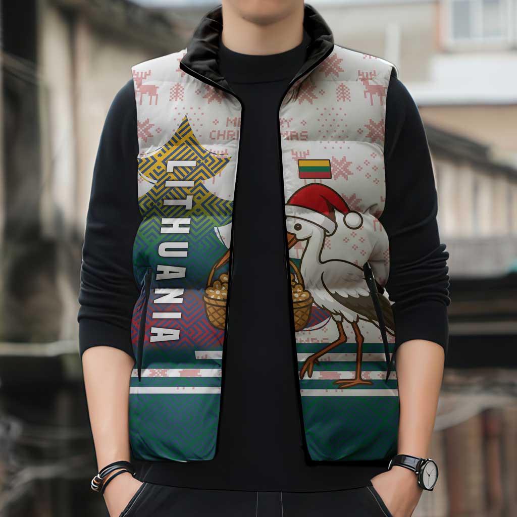 Lithuania Christmas Sleeveless Puffer Jacket with Stork Basket Snowflakes and Traditional Pattern Design - Wonder Print Shop
