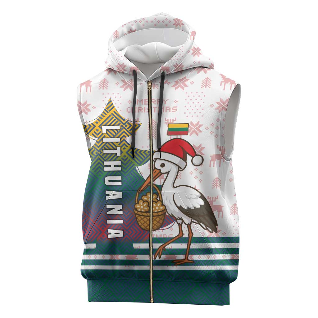 Lithuania Christmas Sleeveless Zip Hoodie with Stork Basket Snowflakes and Traditional Pattern Design - Wonder Print Shop