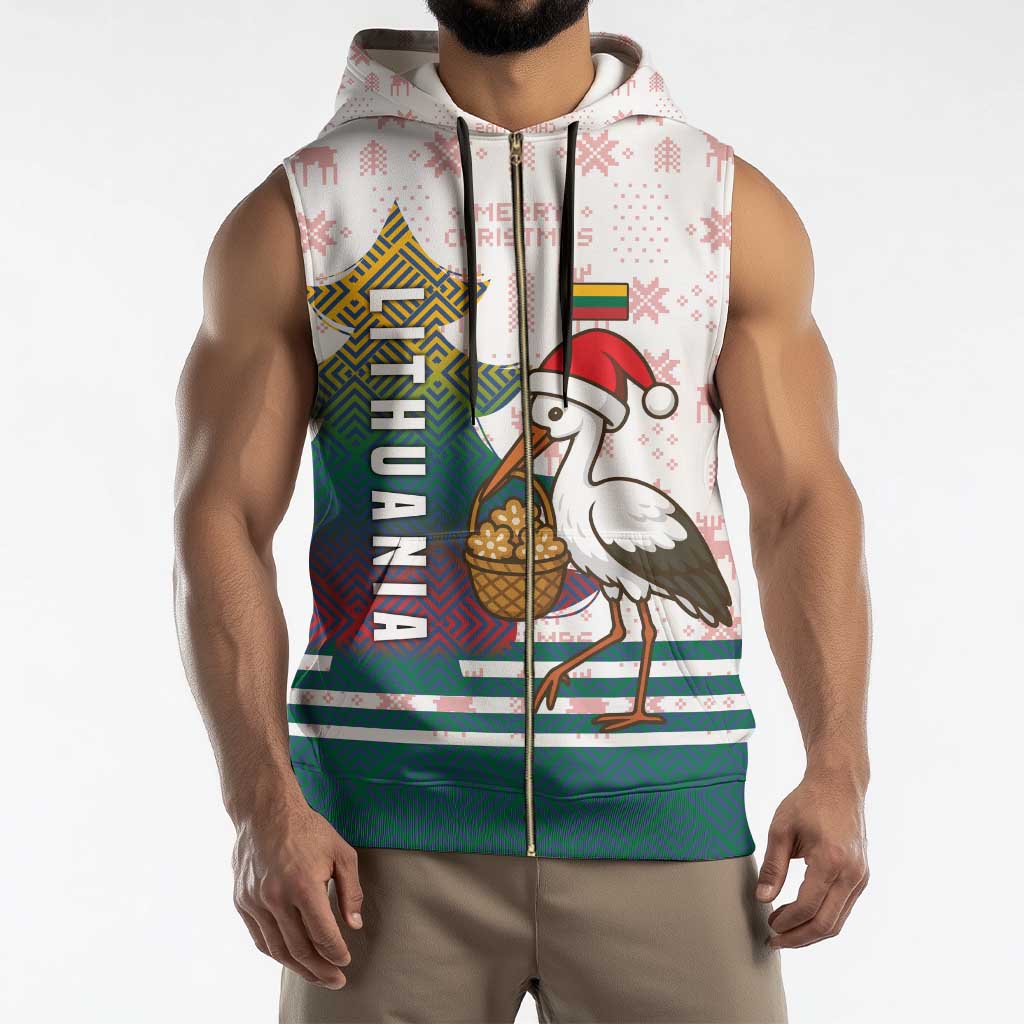 Lithuania Christmas Sleeveless Zip Hoodie with Stork Basket Snowflakes and Traditional Pattern Design - Wonder Print Shop