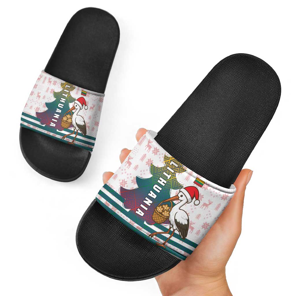 Lithuania Christmas Slide Sandals with Stork Basket Snowflakes and Traditional Pattern Design - Wonder Print Shop