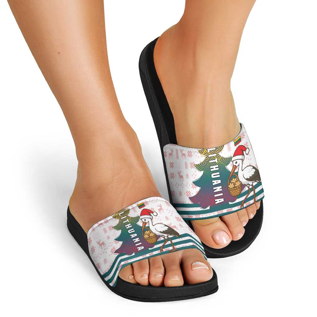 Lithuania Christmas Slide Sandals with Stork Basket Snowflakes and Traditional Pattern Design - Wonder Print Shop